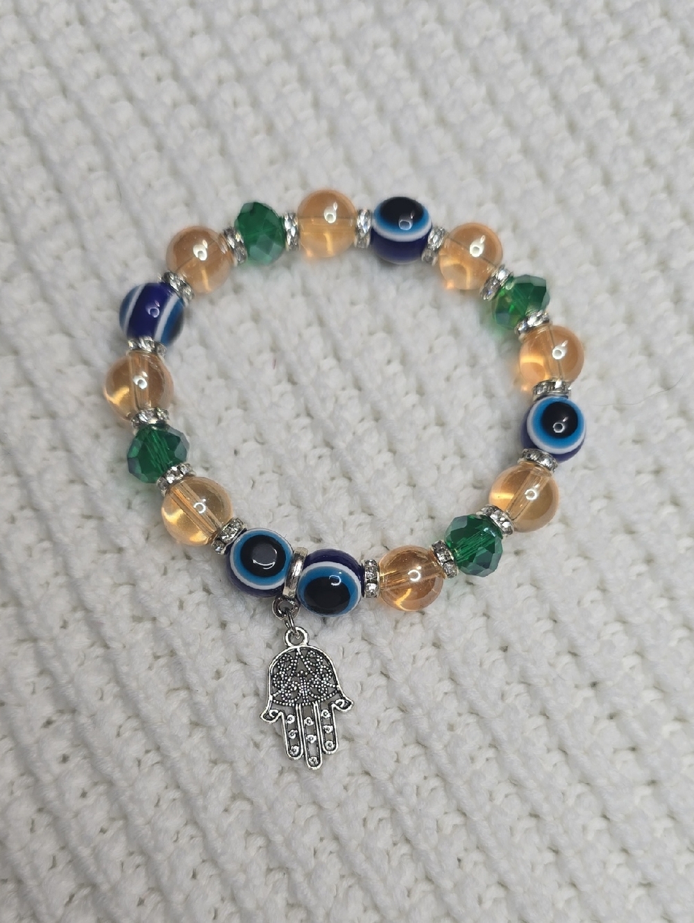 Sacred Energy Hamsa Evil Eye Beaded Bracelet Blue Green Silver